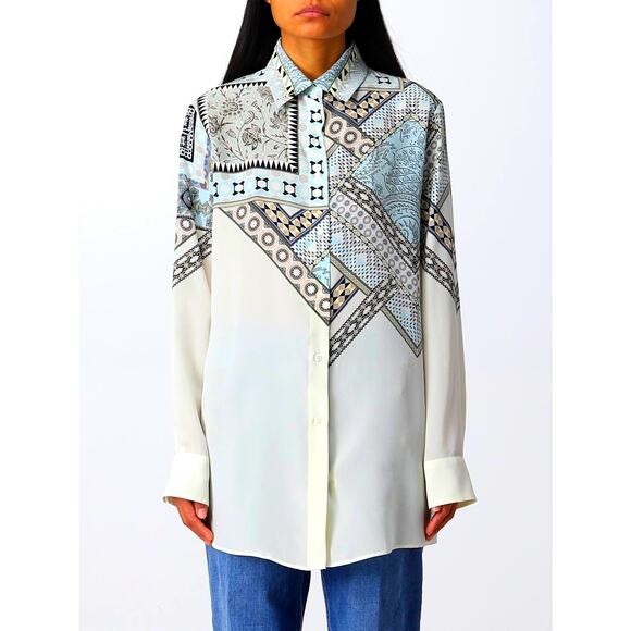 ETRO Pastel Cream Blue Multi Geometric Print Button Collar Silk Blouse  46 / L - Picture 1 of 16